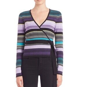 ​Diane von Furstenberg Silk Blend Striped Wrap Top Cardigan Blue Purple Size L